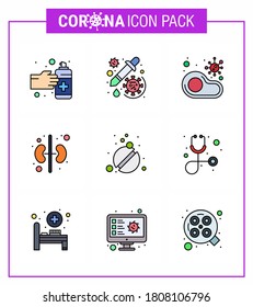 9 Filled Line Flat Color Coronavirus Covid19 Icon pack such as organ; human; virus; steak; no viral coronavirus 2019-nov disease Vector Design Elements