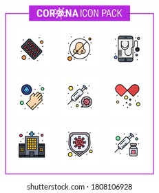 9 Filled Line Flat Color coronavirus epidemic icon pack suck as medicine; washing; health; medical; online viral coronavirus 2019-nov disease Vector Design Elements