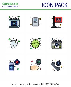 9 Filled Line Flat Color Set of corona virus epidemic icons. such as virus; mers; flag; influenza; tooth viral coronavirus 2019-nov disease Vector Design Elements