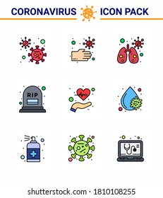9 Filled Line Flat Color coronavirus epidemic icon pack suck as health; beat; anatomy; rip; grave viral coronavirus 2019-nov disease Vector Design Elements