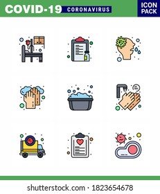 9 Línea Llanta Llanta Llanta Juego de íconos epidémicos del virus de la corona. tales como cuenca; médico; papel; manos; virus de la coronavirus viral 2019-nov Enfermedad Vector Elementos de diseño
