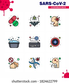 9 Filled Line Flat Color viral Virus corona icon pack such as soapy water; hand washing; virus; basin; people viral coronavirus 2019-nov disease Vector Design Elements