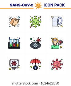 9 Filled Line Flat Color Coronavirus disease and prevention vector icon search; test tubes; epidemic; test; safety viral coronavirus 2019-nov disease Vector Design Elements