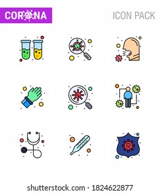 9 Filled Line Flat Color Corona Virus pandemic vector illustrations care; hand; cough; glove; sick viral coronavirus 2019-nov disease Vector Design Elements