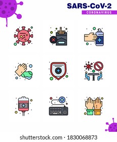 9 Filled Line Flat Color Coronavirus disease and prevention vector icon health insurance; medical; cigarette; hands; spray viral coronavirus 2019-nov disease Vector Design Elements