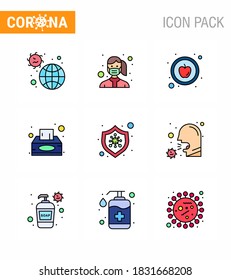 9 Filled Line Flat Color Corona Virus pandemic vector illustrations bacteria; tissue; safety; napkin; healthy viral coronavirus 2019-nov disease Vector Design Elements