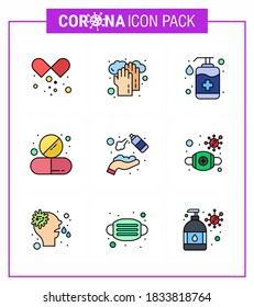 9 Filled Line Flat Color coronavirus epidemic icon pack suck as tablet; medicine; bottle; drug; wash viral coronavirus 2019-nov disease Vector Design Elements