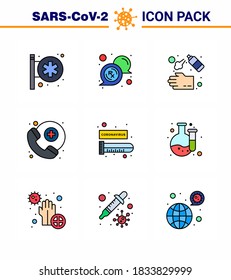 9 Paquete de iconos de corona del virus de la línea plana de color llenado, como análisis de sangre; servicios; pulverización manual; asistencia médica; elementos de diseño de vectores de enfermedad del coronavirus viral de lavado 2019-nov
