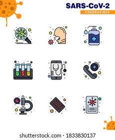 9 Flat Color Coronavirus Epidemic-Icon-Packung mit ausgefüllten Linien, als Test gesaugt; waschen; Krankheit; Seife; Hand-Virus-Coronavirus-2019-nov-Krankheit Vectordesign Elements