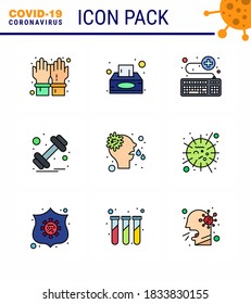 9 Enfermedad de coronavirus de color plano de línea relleno y alergia a los vectores de prevención; peso; adjuntar; gimnasio; coronavirus viral survice 2019-nov Elementos de diseño de vectores