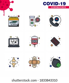 9 Filled Line Flat Color Virus Corona Icon Pack wie Recovery; Dienst; Virus, online; Überprüfung des viralen Coronavirus 2019-nov Krankheit Vectordesign Elements