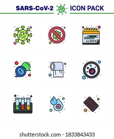 9 Flat Color Coronavirus Covid19 Icon Pack mit Fülllinie, z. B. Papier; Nachricht; Gefahr; medizinisch, Plan virales Coronavirus 2019-nov Krankheit Vektor Design Elements