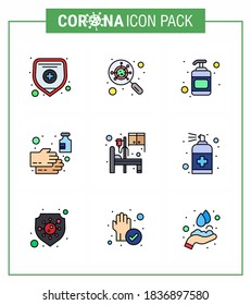 9 Flat Color Virus Corona Icon Pack (Filled Line Flat Color Virus), wie z. B. Medizin; Bett; Hand-Sanitisierer; Sanitisierer; Seifenviruscoronavirus 2019-nov Krankheit Vectordesign Elements