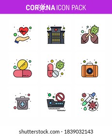 9 Filled Line Flat Color Set von Corona Virus Epidemic-Icons. wie Viren; Pille; Bronchitis; Medizin; Kapselviruscoronavirus 2019-nov Krankheit Vektor Design Elements