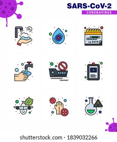 9 Filled Line Flat Color coronavirus epidemic icon pack suck as cruise; bubble; event; water; medical viral coronavirus 2019-nov disease Vector Design Elements
