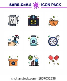 9 Filled Line Flat Color Corona Virus pandemic vector illustrations water; medical; medical; hands; mixing viral coronavirus 2019-nov disease Vector Design Elements