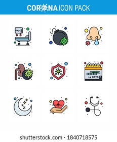 9 Filled Line Flat Color coronavirus epidemic icon pack suck as desease; protection; nasal infection; bacteria; lungs viral coronavirus 2019-nov disease Vector Design Elements