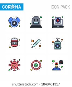 9 Filled Line Flat Color Set of corona virus epidemic icons. such as temperature; health care; file; treatment; drip viral coronavirus 2019-nov disease Vector Design Elements