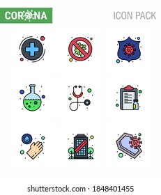 9 Filled Line Flat Color Coronavirus Covid19 Icon pack such as diagnosis; lab; danger; flask; virus viral coronavirus 2019-nov disease Vector Design Elements