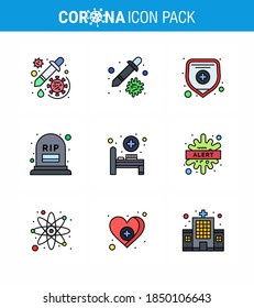 9 Filled Line Flat Color Corona Virus pandemic vector illustrations hospital bed; rip; virus; mortality; count viral coronavirus 2019-nov disease Vector Design Elements