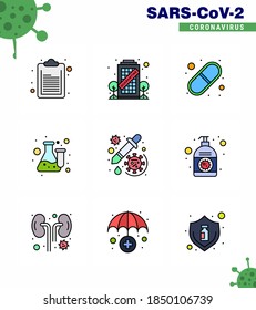 9 Paquete de iconos de corona del virus viral de la línea plana de color llenado, como medicina; ensayo; médico; laboratorio; flask viral coronavirus 2019-nov Enfermedad Vector Elementos de diseño