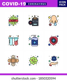 9 Flat Color Coronavirus disease and Prevention Vektorsymbol flasche; Rohre; Zigarette; Prüfung; Naseninfektion Viruscoronavirus 2019-nov Krankheit Vektor Design Elements