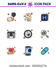 9 Paquete de iconos de corona del virus viral de la línea plana rellena, como sangre; tiempo; garganta; médico; cita coronavirus viral 2019-nov Enfermedad Vector Elementos de diseño