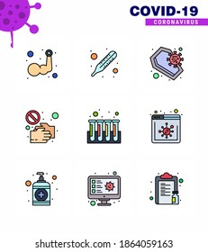 9 Filled Line Flat Color Corona Virus pandemic vector illustrations shake hand; no; coffin; hand; skull viral coronavirus 2019-nov disease Vector Design Elements