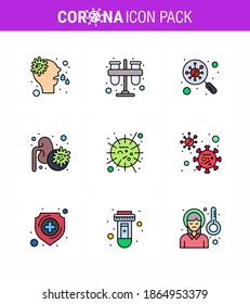 9 Línea llena de color plano Coronavirus Covid19 Paquete de iconos como virus; epidemia; tubos; enfermedad; análisis de la enfermedad coronavirus viral 2019-nov Elementos de diseño de vectores
