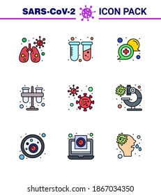 9 Flat Color Coronavirus Epidemic Icon Pack mit Fülllinie Flat Colour als Virus. Praktikum; Kommunikation; Laboratorium; Test virales Coronavirus 2019-nov Krankheit Vectordesign Elements