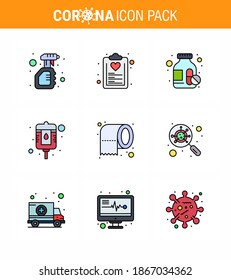 9 Papel de ilustraciones vectoriales del virus corona de color plano de línea relleno; paquete; lista; botella; píldoras coronavirus viral 2019-nov Enfermedad Vector Elementos de diseño