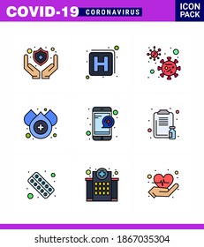 9 Filled Line Flat Color Coronavirus disease and prevention vector icon clipboard; question; covid; online; water viral coronavirus 2019-nov disease Vector Design Elements
