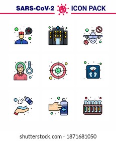 9 Filled Line Flat Color Coronavirus disease and prevention vector icon disease; target; travel; sickness fever; pain viral coronavirus 2019-nov disease Vector Design Elements