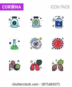 9 Filled Line Flat Color Coronavirus disease and prevention vector icon worldwide; science; bottle; lab; wash viral coronavirus 2019-nov disease Vector Design Elements