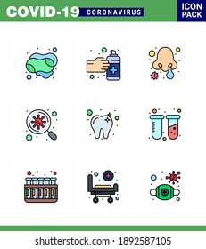 9 Filled Line Flat Color Set of corona virus epidemic icons. such as dental; scan; cold; virus; bacteria viral coronavirus 2019-nov disease Vector Design Elements