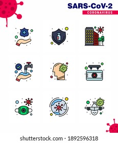 9 Filled Line Flat Color viral Virus corona icon pack such as washing; hands; building; protect; safety viral coronavirus 2019-nov disease Vector Design Elements