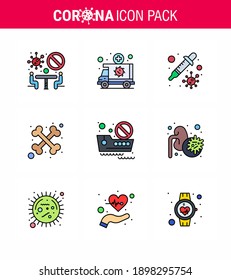9 Filled Line Flat Color coronavirus epidemic icon pack suck as cruise; skeleton; vehicle; cross; virus viral coronavirus 2019-nov disease Vector Design Elements