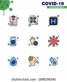 9 Línea llena de color plano Coronavirus Covid19 Icono paquete como el frasco; salud; quirúrgico; forma; Enfermedad de coronavirus viral 2019-nov Elementos de diseño de vectores