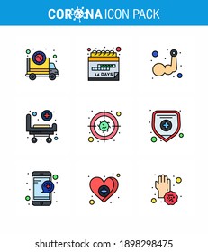 9 Filled Line Flat Color Corona Virus pandemic vector illustrations wheels; bed; schedule; strature; muscle viral coronavirus 2019-nov disease Vector Design Elements