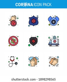 9 Enfermedad coronavirus de color plano de línea relleno y prevención de la seguridad de los iconos vectores; peligro; sangre; virus; protección coronavirus viral 2019-nov Enfermedad Vector Elementos de diseño