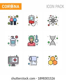 9 Enfermedad de coronavirus de color plano de línea relleno y prevención del dolor vectorial; cabeza; laboratorio; lavado de manos; enfermedad de coronavirus viral crema 2019-nov Elementos de diseño de vectores