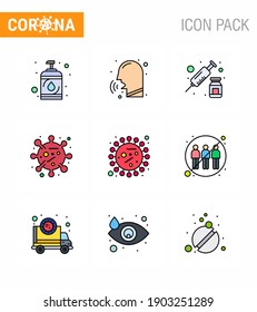 9 Filled Line Flat Color coronavirus epidemic icon pack suck as bacteria; corona; fever; bug; vaccine viral coronavirus 2019-nov disease Vector Design Elements