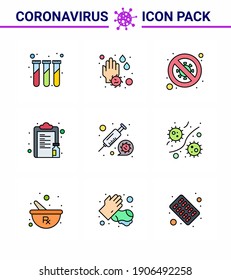 9 Filled Line Flat Color Coronavirus disease and prevention vector icon vaccine; list; bacteria; drug; scientist viral coronavirus 2019-nov disease Vector Design Elements