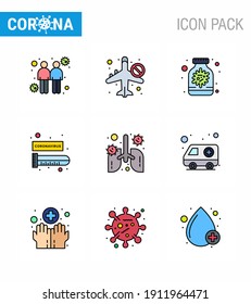 9 Filled Line Flat Color Corona Virus pandemic vector illustrations anatomy; test tube; airoplan; blood test; bottle viral coronavirus 2019-nov disease Vector Design Elements