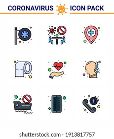 9 Filled Line Flat Color coronavirus epidemic icon pack suck as health; beat; hospital; safety; paper viral coronavirus 2019-nov disease Vector Design Elements