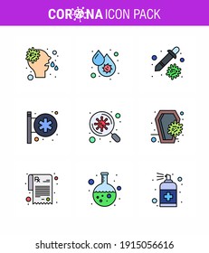 9 Filled Line Flat Color viral Virus corona icon pack such as bacteria; medical center; platelets; hospital signboard; virus viral coronavirus 2019-nov disease Vector Design Elements