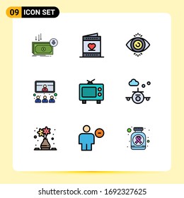 9 Concepto de color plano de línea llena para la presentación de sitios web móviles y aplicaciones; conferencia; corazón; llamada; buscar elementos de diseño de vectores editables