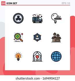 9 Concepto de color plano de líneas llenas para las comunicaciones de los sitios web móviles y aplicaciones; establecimiento; conocimiento; búsqueda; elementos de diseño de vectores editables del motor