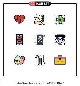 9 Concepto de color plano de línea llena para páginas web móviles y celdas de aplicaciones; aplicación móvil; rutina; móvil; Elementos de diseño de vectores micro editables