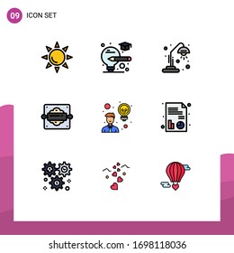 9 Concepto de color plano de línea llena para los usuarios de Websites Mobile y Apps; empleado; luz; creatividad; rodillos de pan Elementos de diseño de vectores editables
